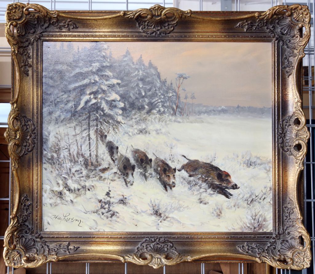 Willy Lorenz Wildschweine im Winter Öl auf Leinwand, handsigniert