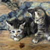 Das handsignierte und in Öl auf Leinwand ausgeführte Gemälde „Julius M. Adam III. – Drei spielende Katzen“ aus dem Jahr 1929 zeigt zwei getigerte Kätzchen, die auf einer Holzoberfläche ruhen; eines liegt, das andere sitzt dicht neben einem gemusterten blauen Stoff, vor ihnen liegt auf dem Boden ein kleines braunes Blatt.