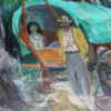 Das Gemälde „Zigeuner“ von Hans Schöllhorn, in Öl auf Leinwand gemalt und signiert und datiert 1956, zeigt eine Szene, in der eine Frau in weißer Bluse in einem farbenfrohen Planwagen sitzt, neben ihr ein Mann in gelber Jacke und Hut. In der Nähe ist eine ältere Frau in dunkler Kleidung ebenfalls Teil der rustikalen Kulisse mit üppigem Grün im Hintergrund.