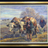 Das Gemälde „Kuhgespann“ von Hans-Georg Müller-Hanssen (1908-1998) ist vom Künstler signiert und zeigt eine ländliche Landschaft, in der zwei Ochsen einen Pflug ziehen. Ein Mann in traditioneller Kleidung führt die Ochsen mit einer Peitsche, während eine andere Person hinterhergeht und den Pflug lenkt. Im Hintergrund sind eine weitere Figur und Tiere zu sehen, die die ländliche Szene bereichern. Das Werk ist in Öl auf Karton ausgeführt.